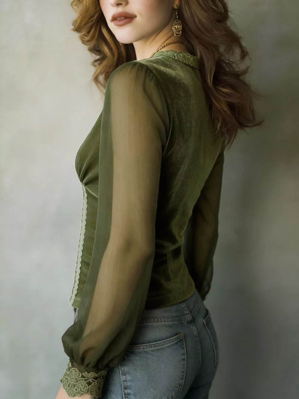 Lace Trim Sheer Long Sleeve Blouse, image 4