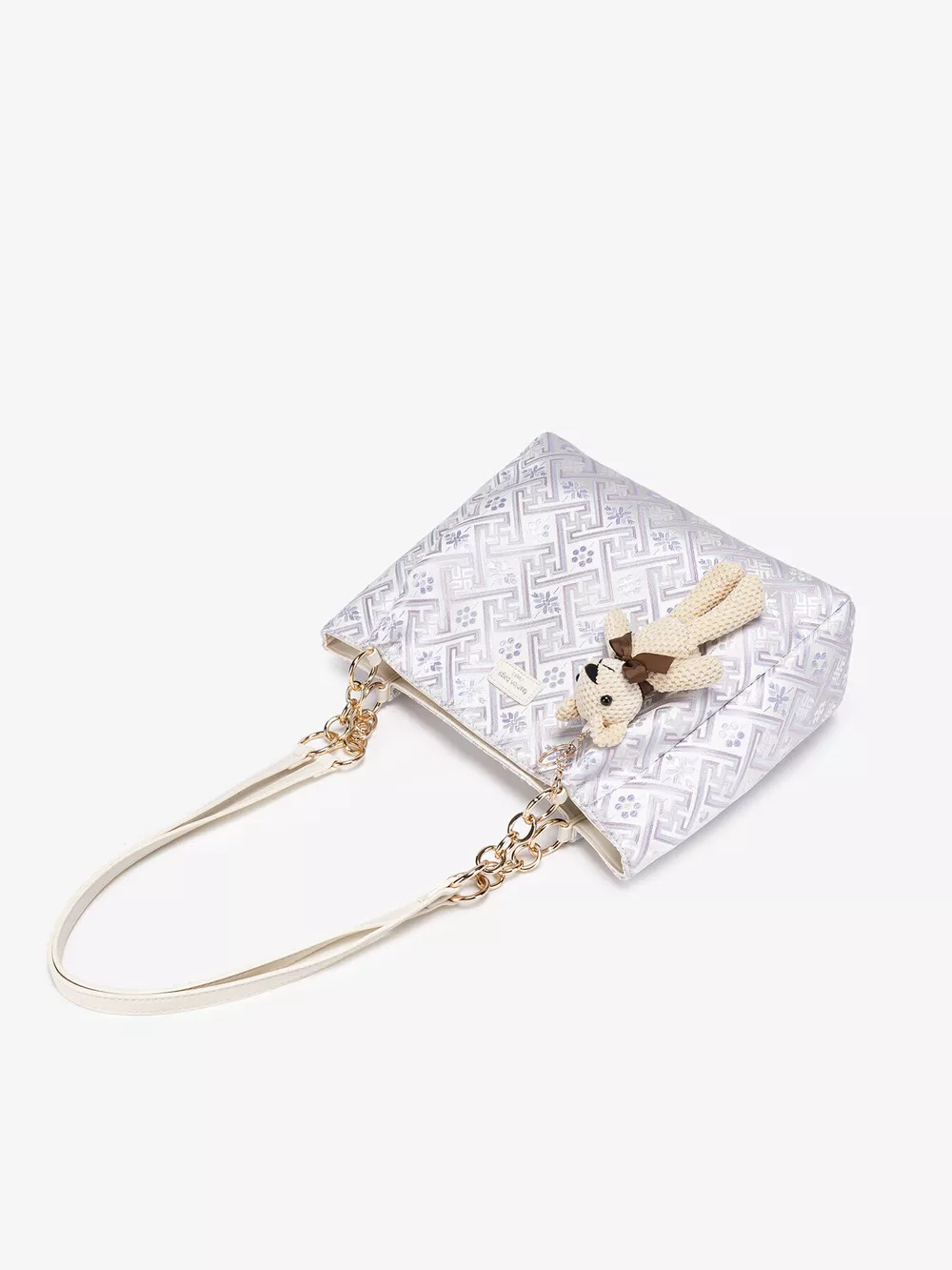 Geometric Pattern Jacquard Shoulder Bag with Detachable Teddy Bear Charm, image 7
