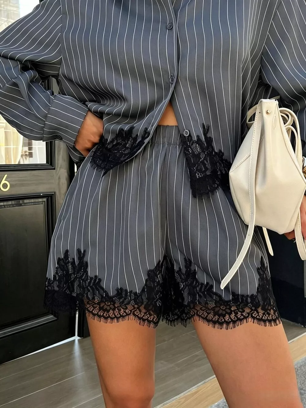 Lace Trim Striped Button-Down Shirt and Shorts Set, image 4