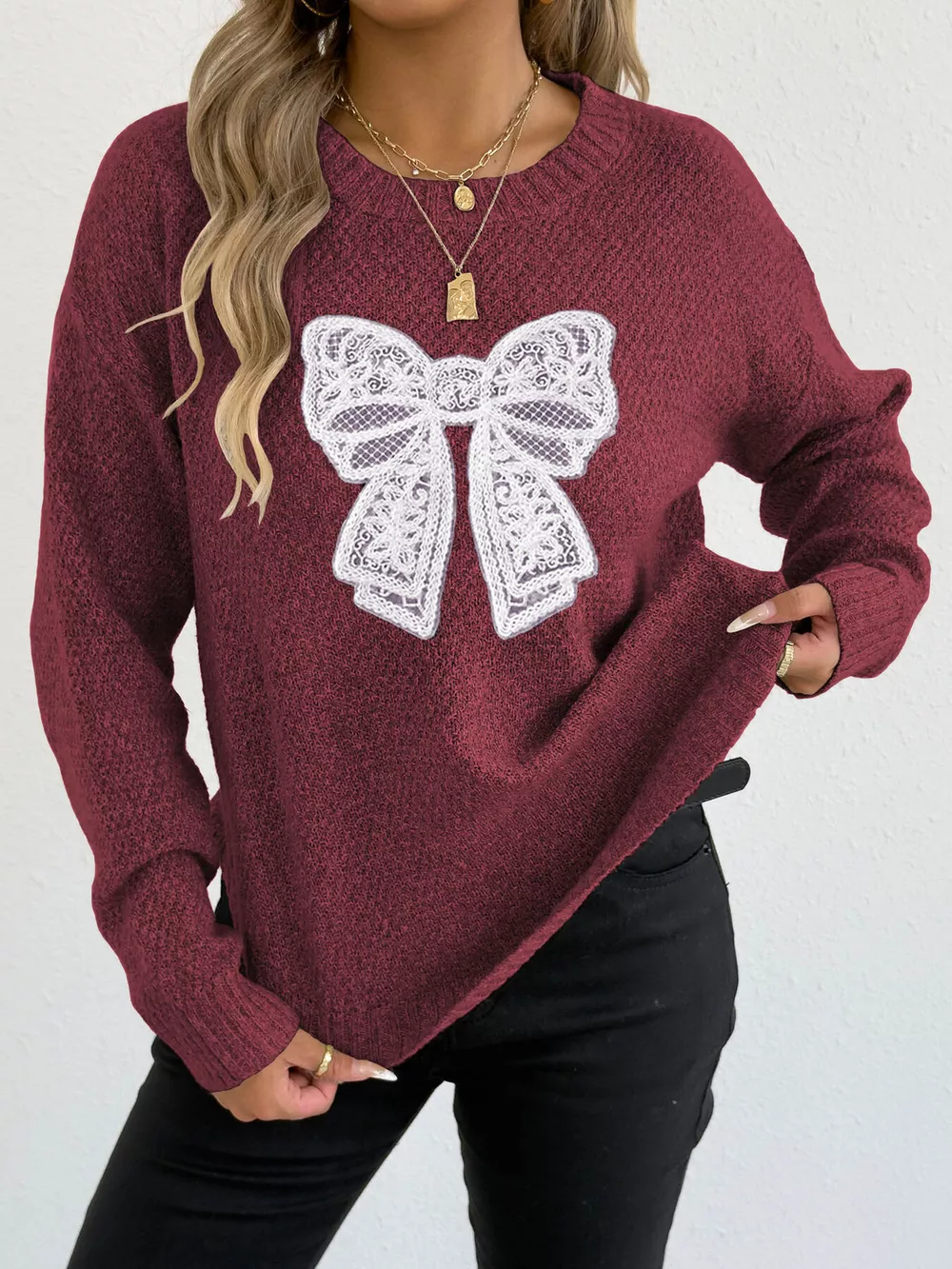 Lace Bow Embroidered Round Neck Sweater, image 11