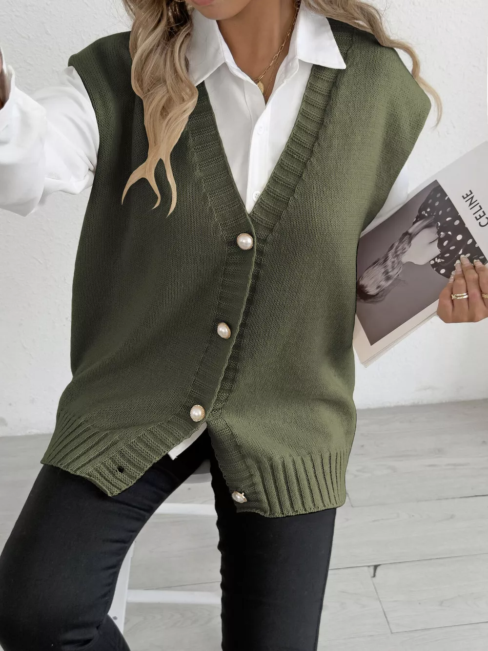 V-Neck Button-Front Knit Sweater Vest, image 13