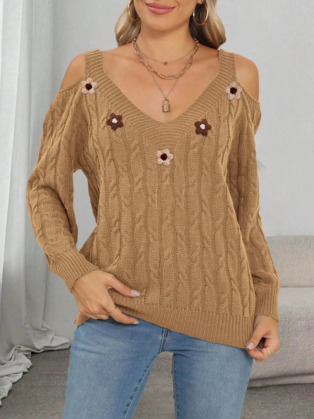 Floral Applique Cold Shoulder Cable Knit Sweater, image 5
