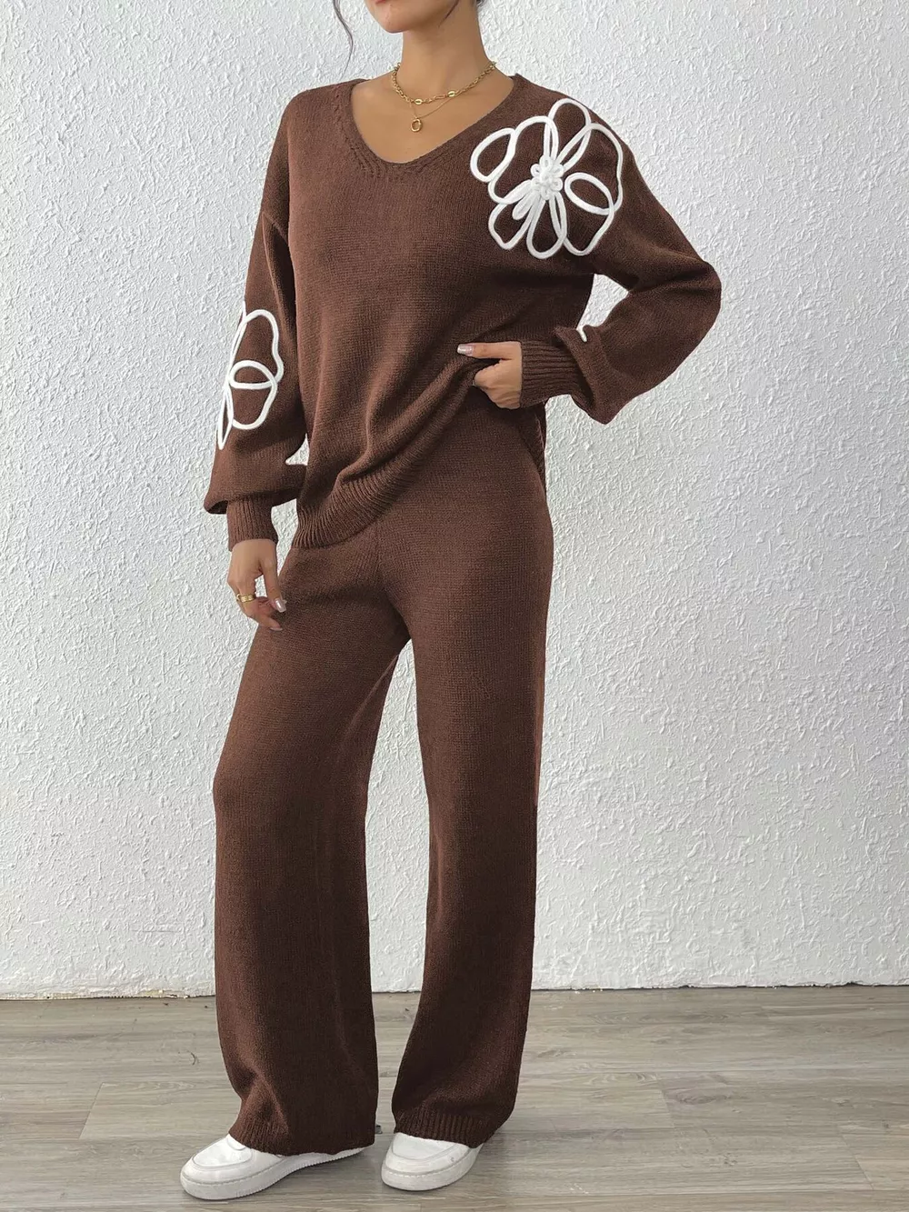 V-Neck Dropped Shoulder Top and Pants Sweater Set, image 11