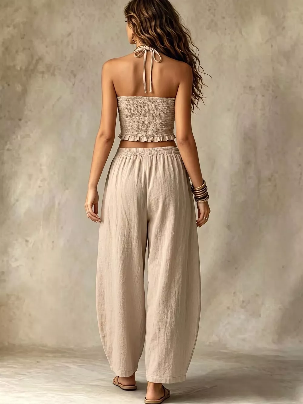 Halter Neck Crop Top and Wide-Leg Pants Two-Piece Set, image 4