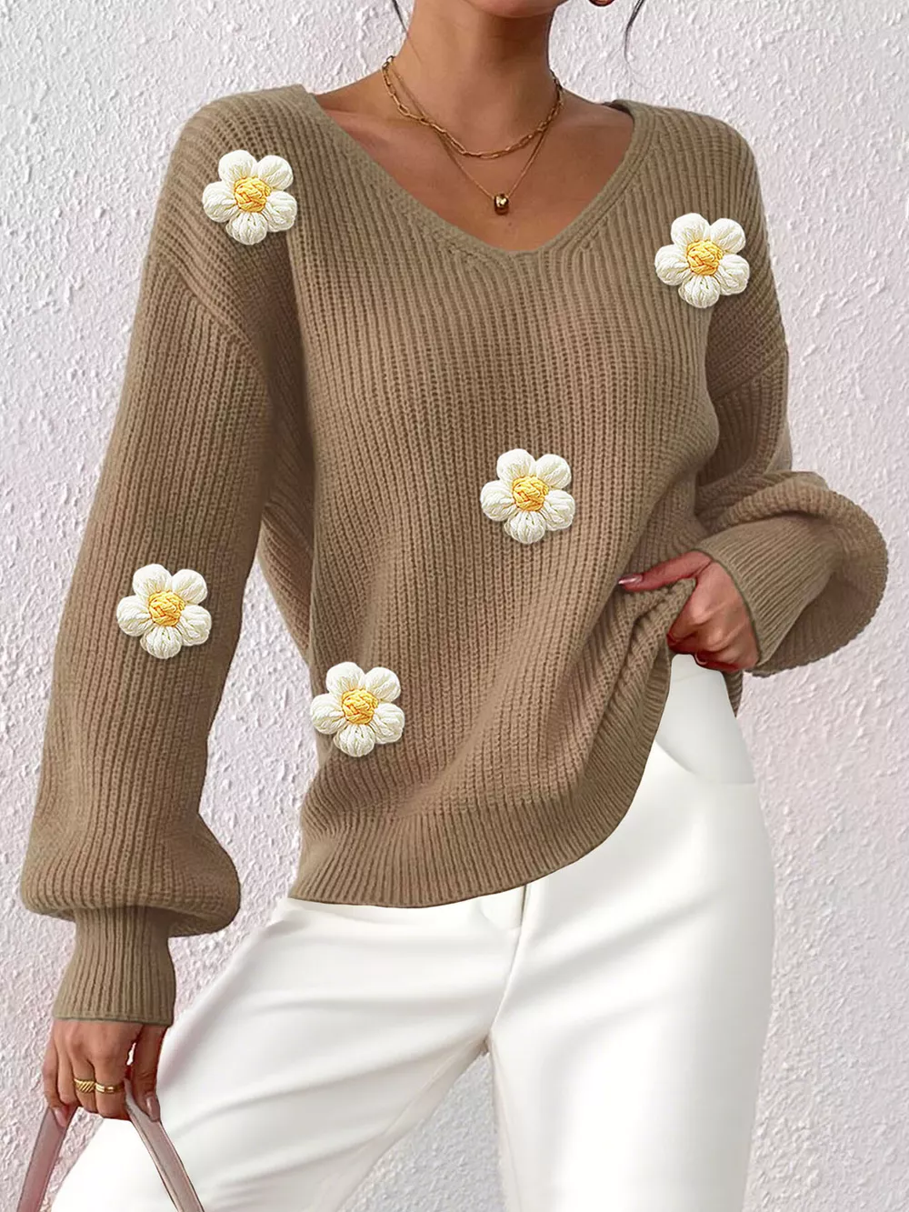 Floral Applique V-Neck Sweater, image 12