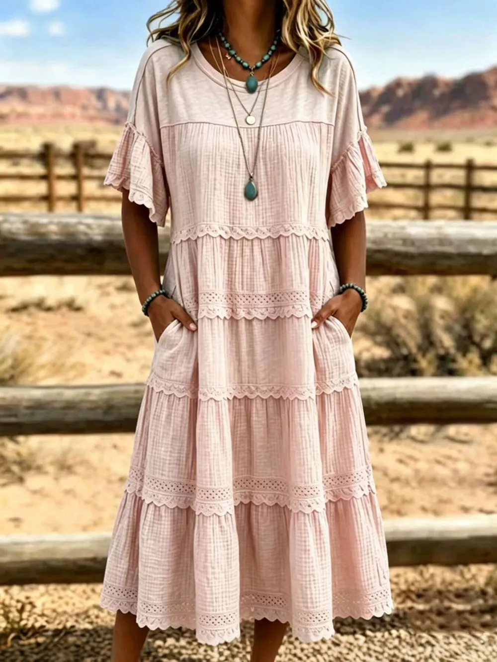 Full Size Tiered Ruffle Sleeve Midi Dress with Pockets Plus Size, image 3