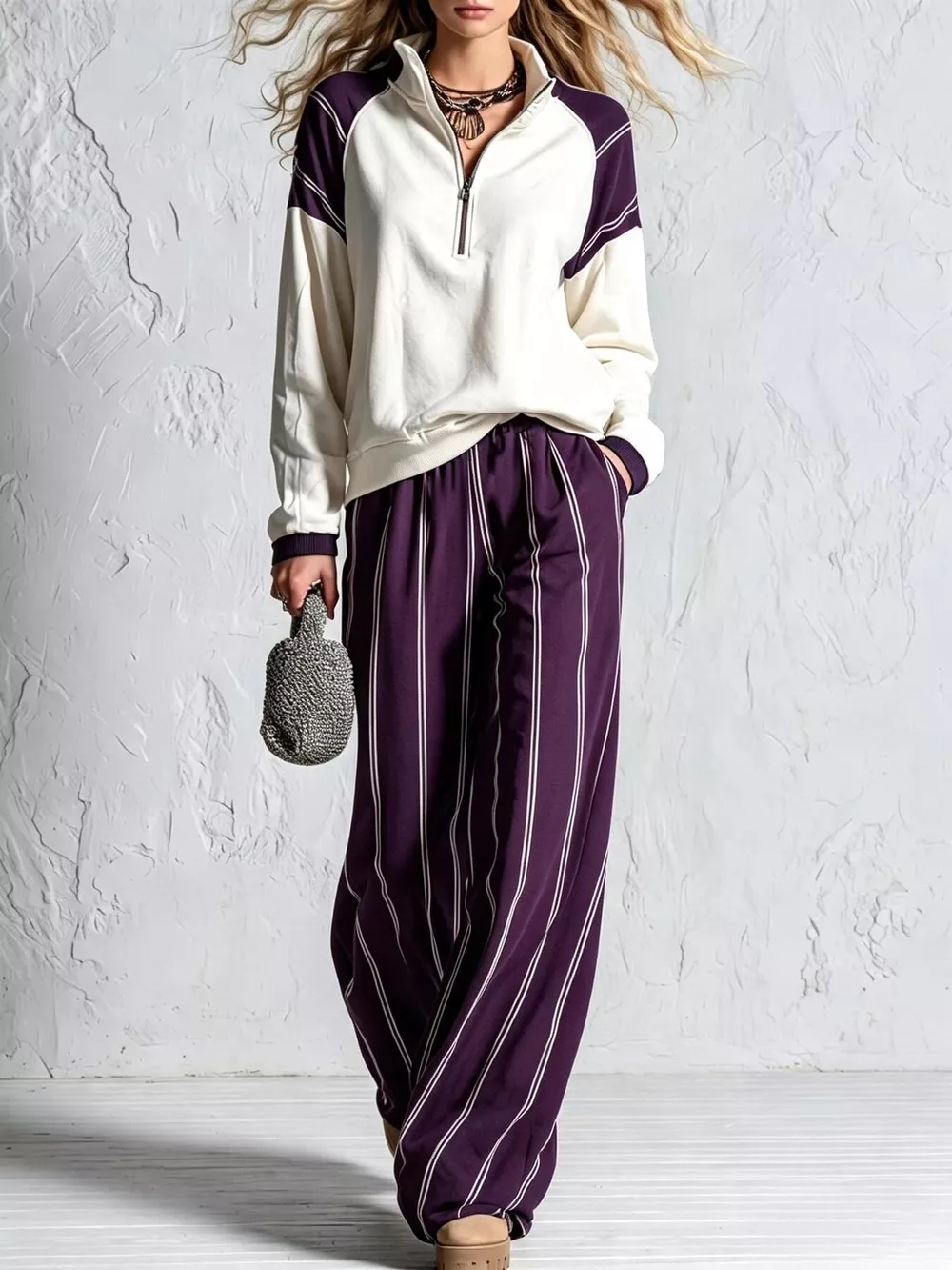 Quarter-Zip Sweatshirt and Striped Wide-Leg Pants Set, image 7