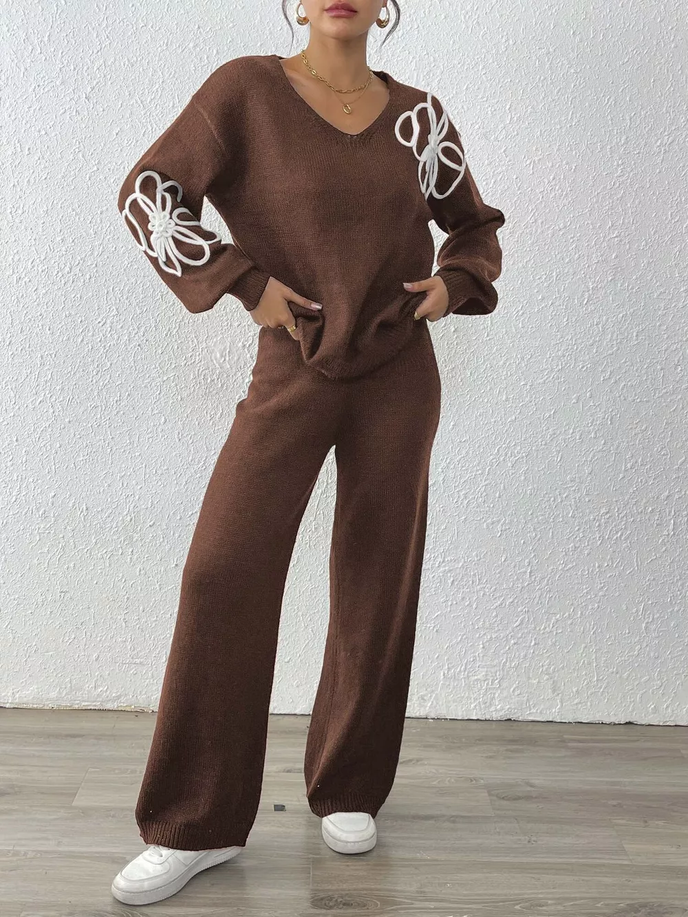V-Neck Dropped Shoulder Top and Pants Sweater Set, image 9