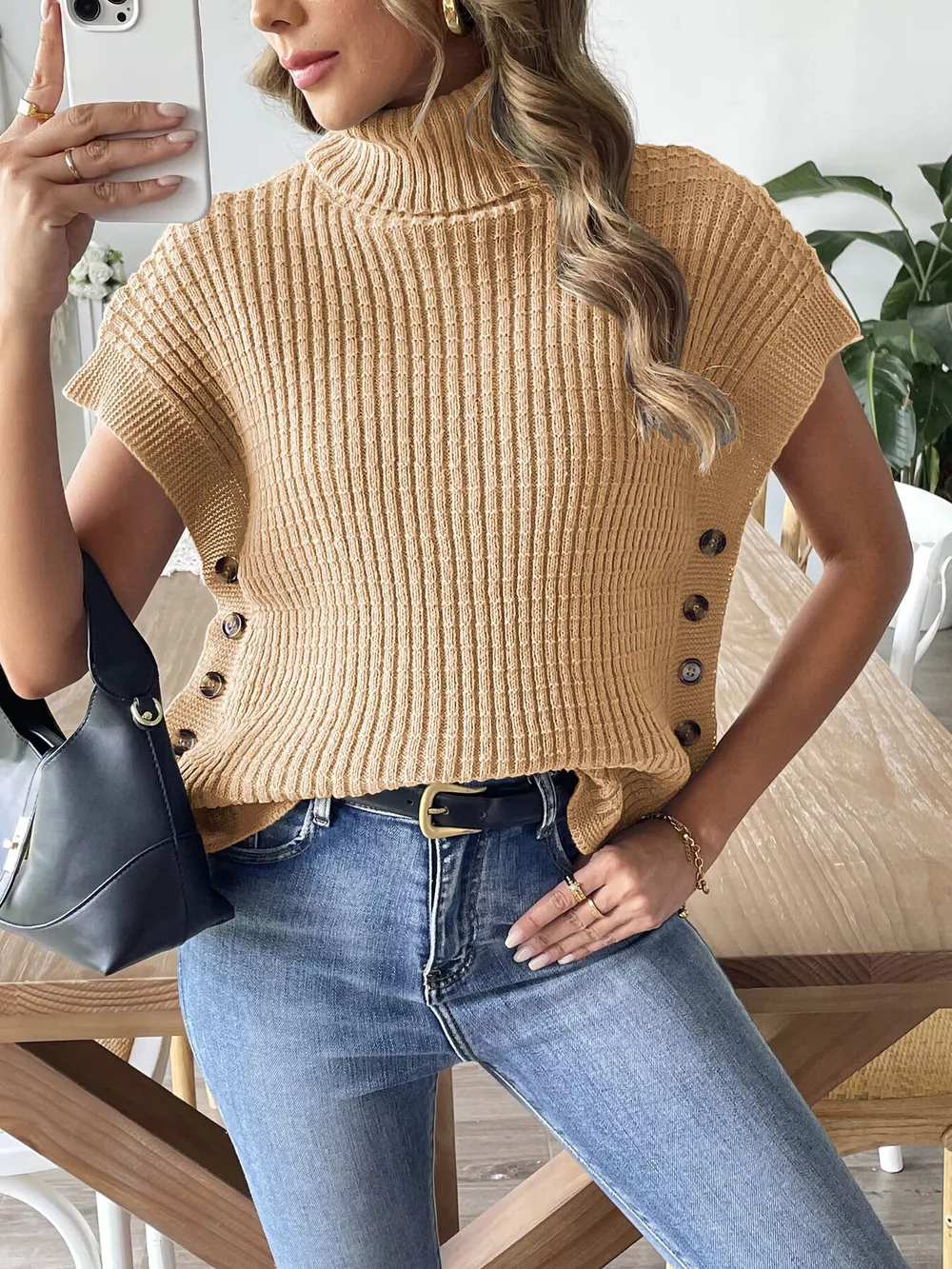 Ribbed Turtleneck Sweater with Side Button Detail, image 7