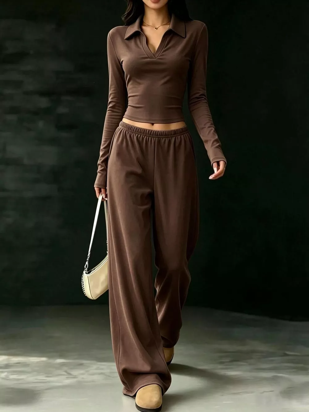 Solid Color Long Sleeve Polo Collar Top and Wide Leg Pants Set, image 13