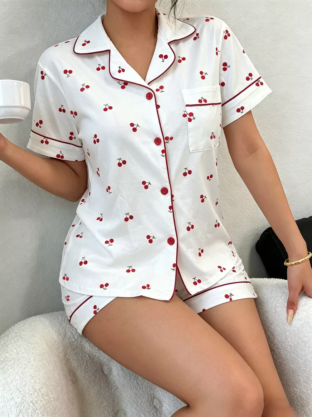 Heart Print Button-Down Short Sleeve Top and Shorts Lounge Set, image 11