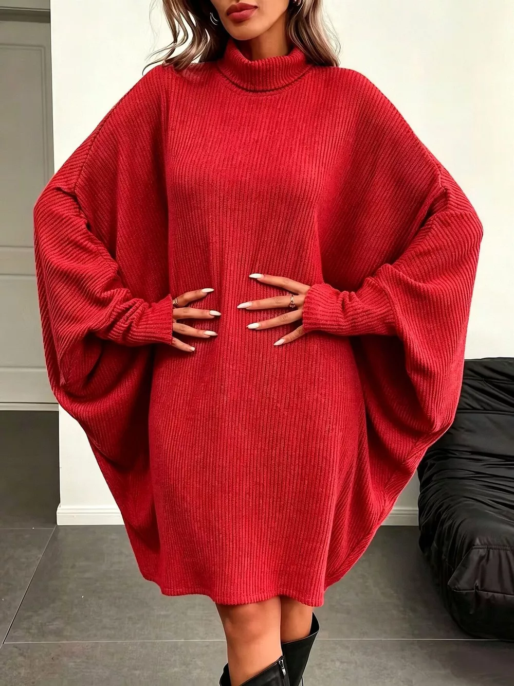 Oversized Batwing Sleeve Ribbed Knit Turtleneck Dress, image 10