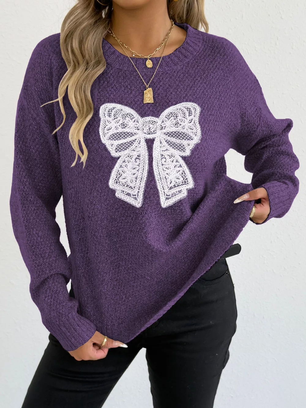 Lace Bow Embroidered Round Neck Sweater, image 10