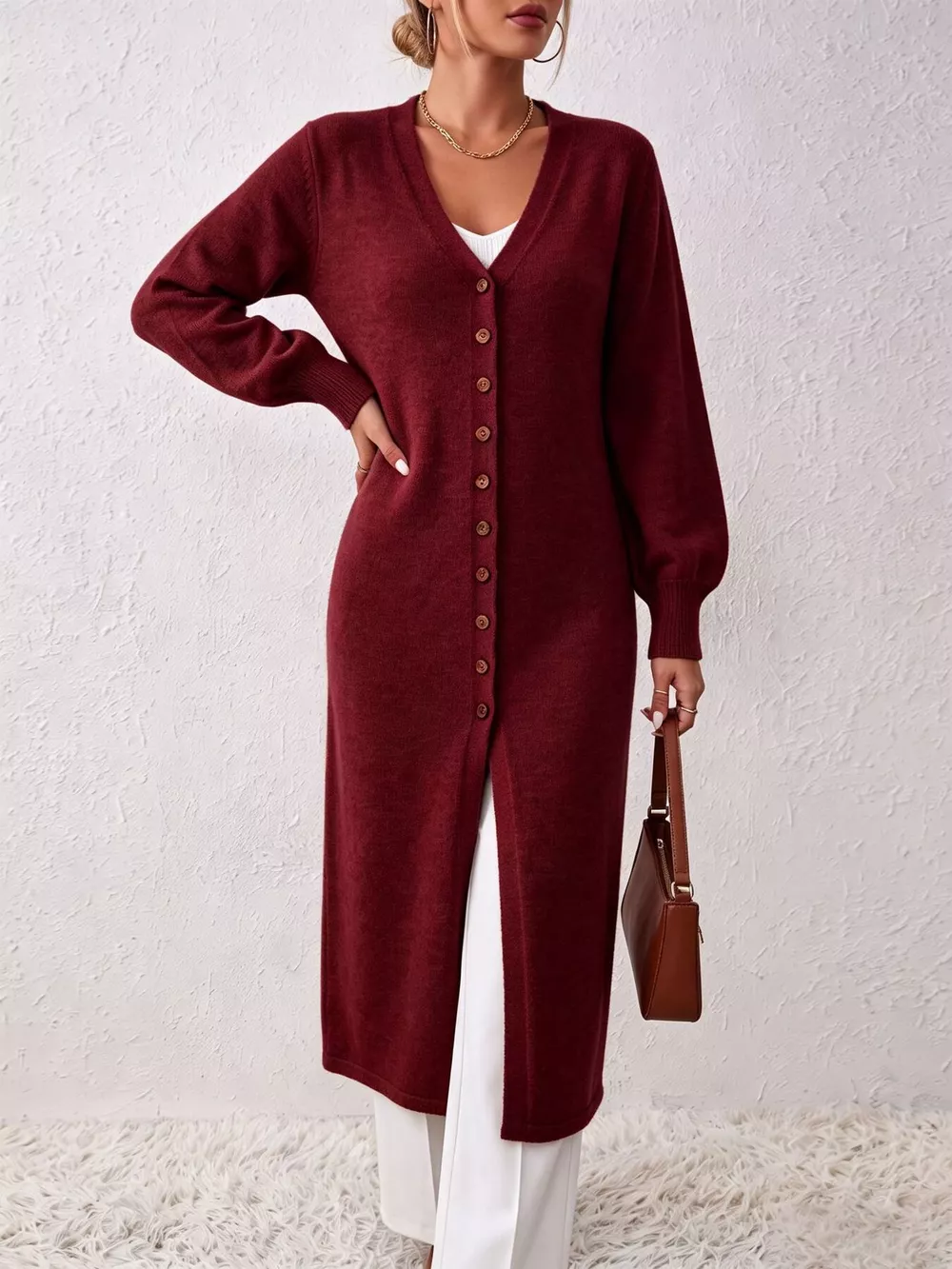Button Front Long Sleeve Sweater Dress, image 11