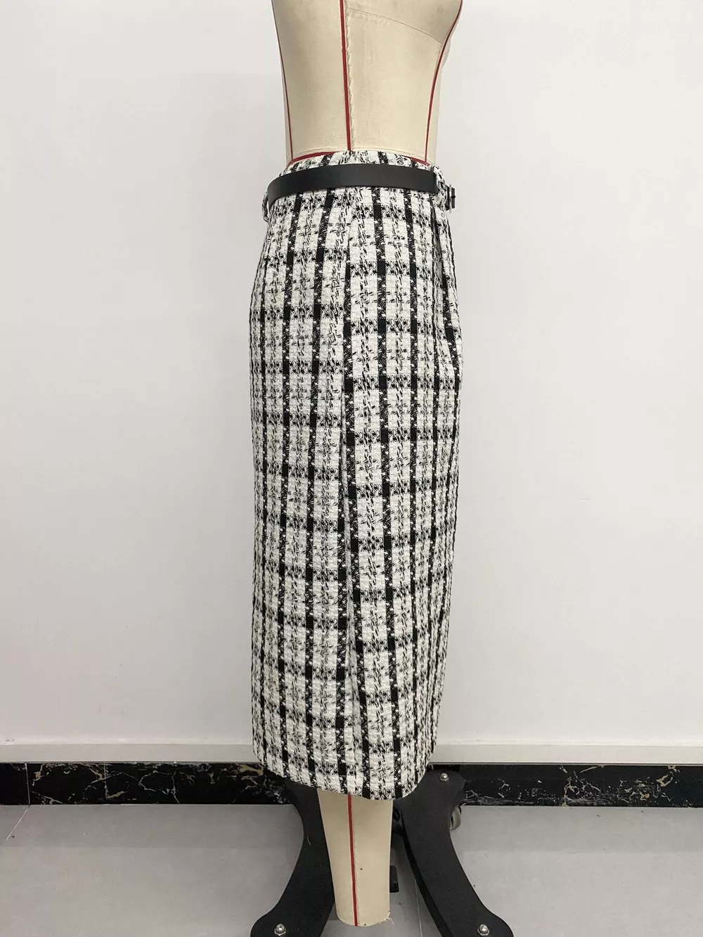 High-Waisted Tweed Plaid Midi Skirt, image 14