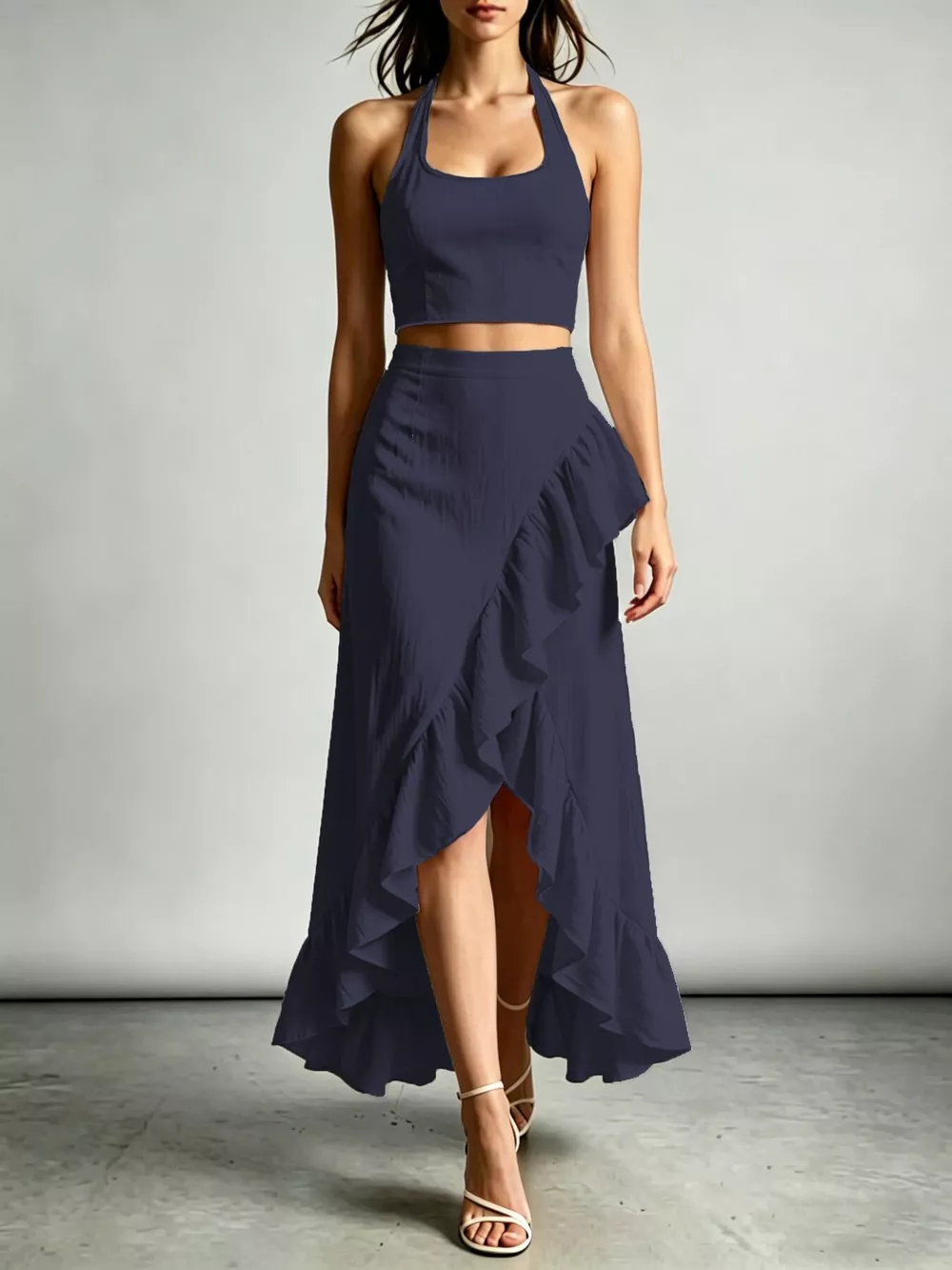 Halter Neck Crop Top and High-Low Maxi Skirt Two-Piece Set, image 4