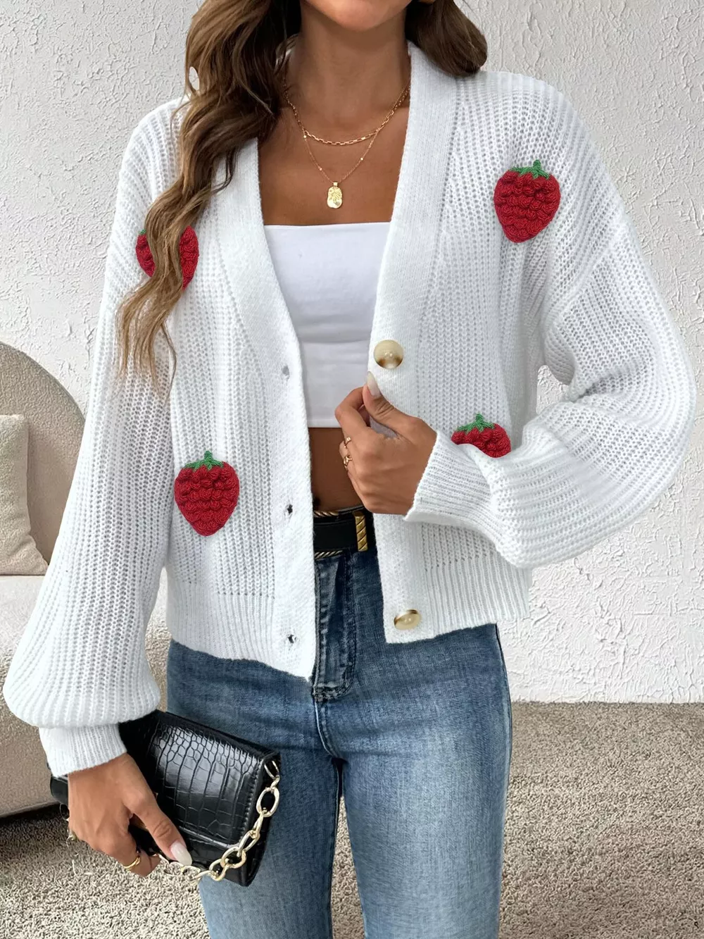 Strawberry Applique Button Up Cardigan, image 2