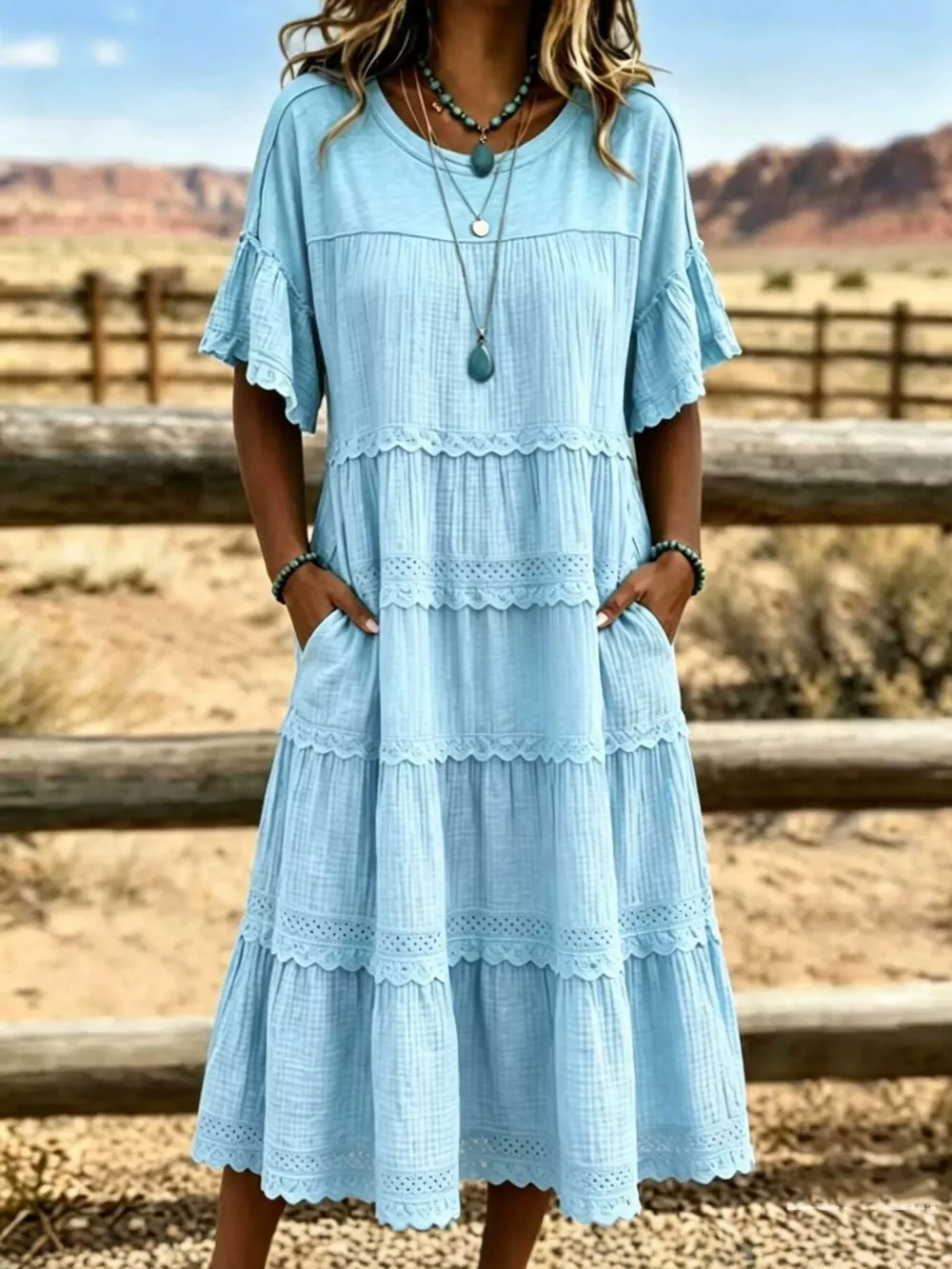 Full Size Tiered Ruffle Sleeve Midi Dress with Pockets Plus Size, image 5