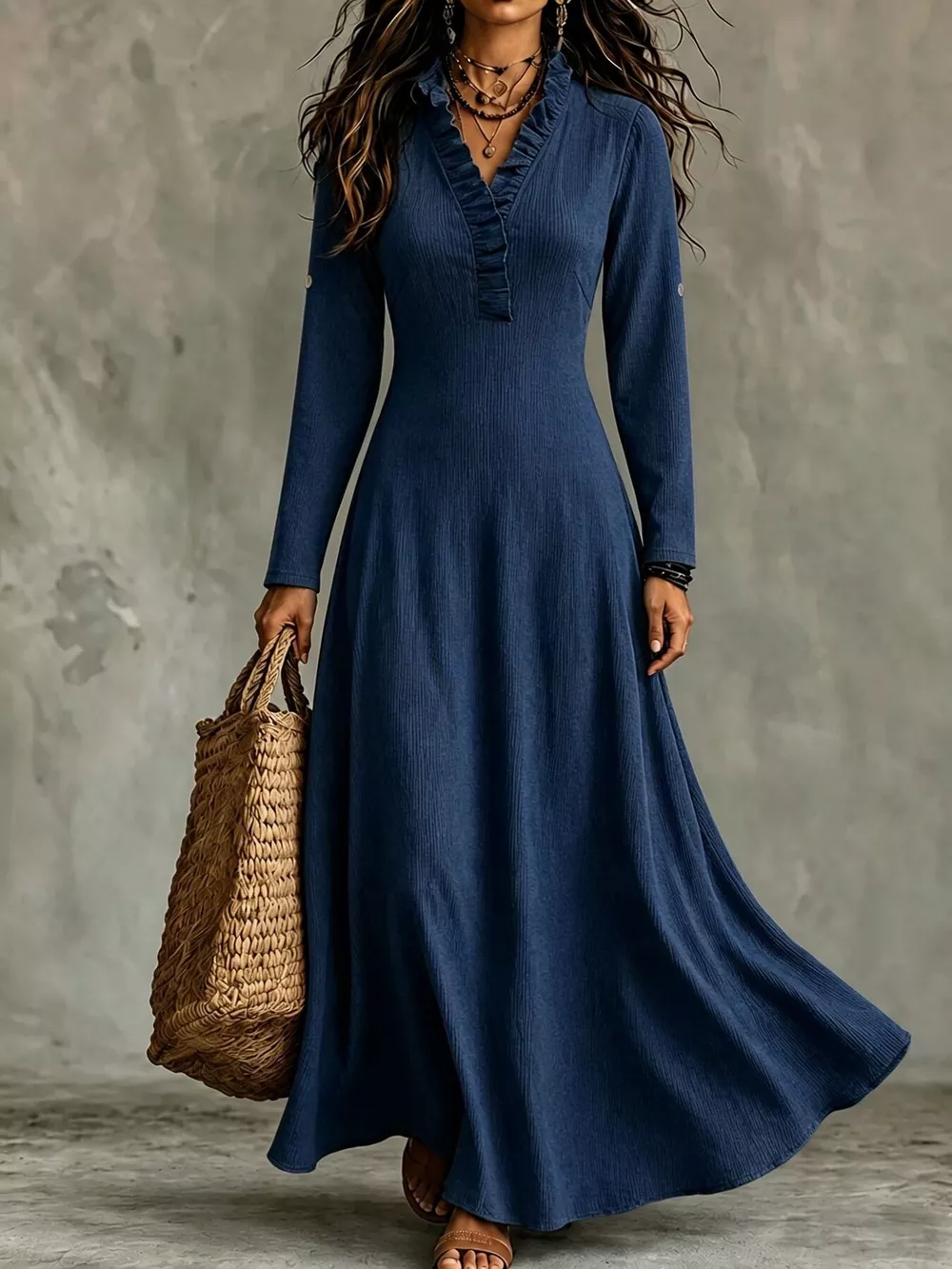 Full Size Frill V-Neck Long Sleeve Maxi Dress Plus Size, image 11