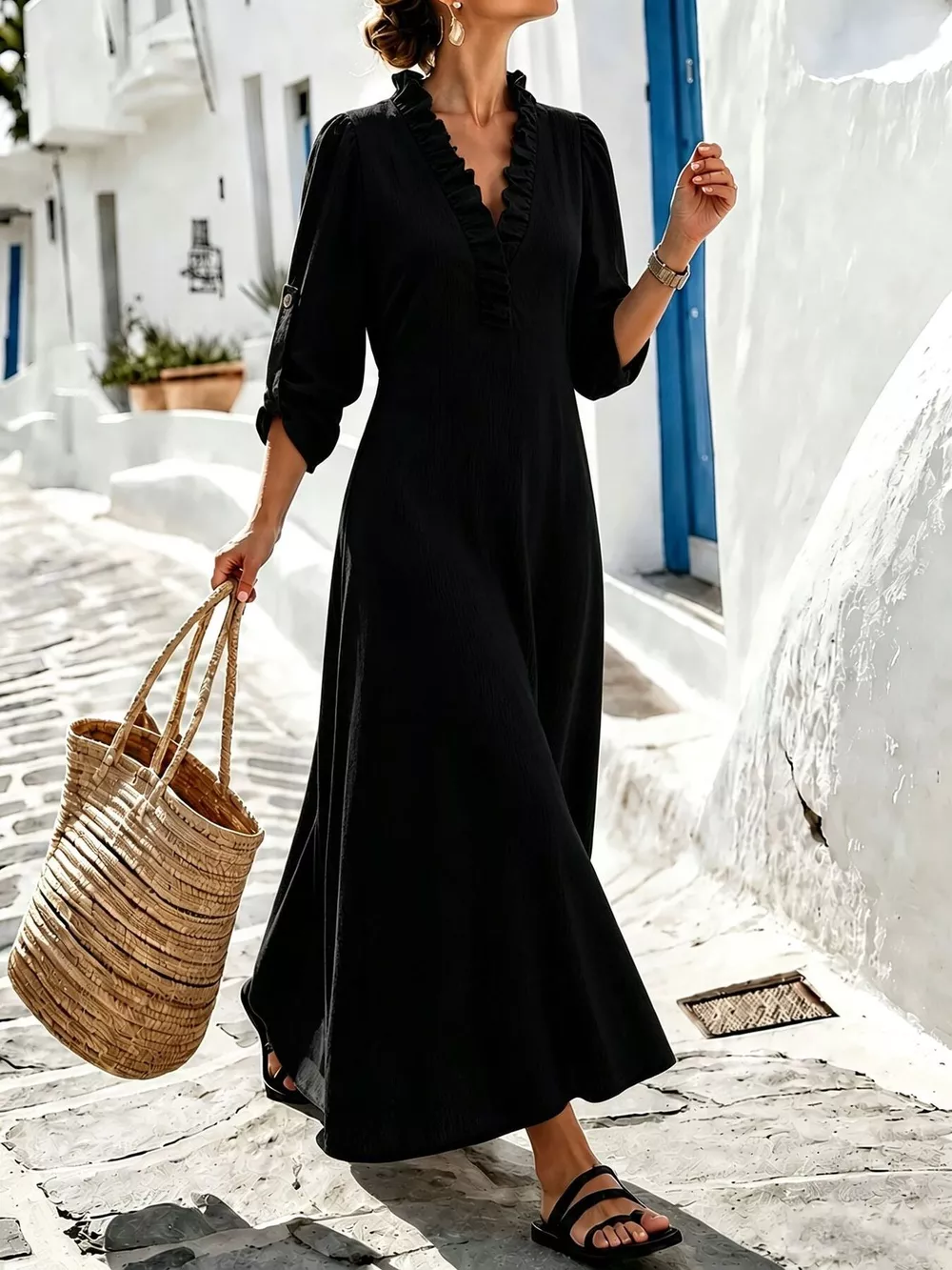 Full Size V-Neck Maxi Dress with Roll-Up Sleeves Plus Size, image 6
