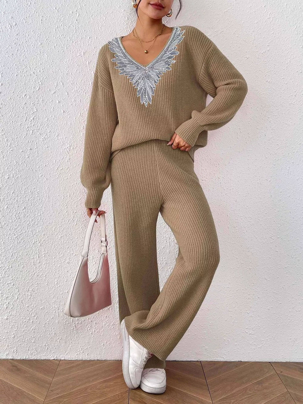 V-Neck Sweater and Pants Sweater Set, image 2