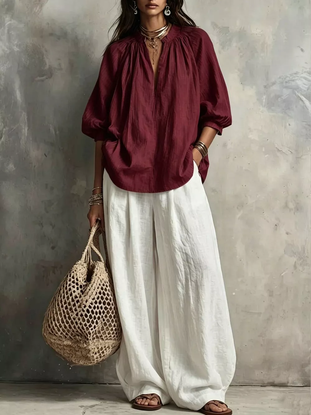 Notched Blouse and Wide-Leg Pants Set, image 2