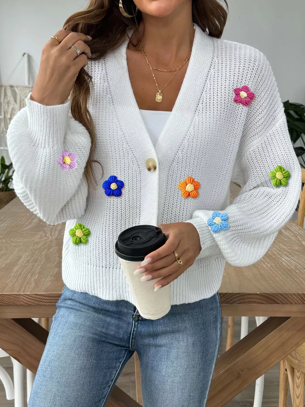 3D Floral Appliques Button Up Cardigan, image 8