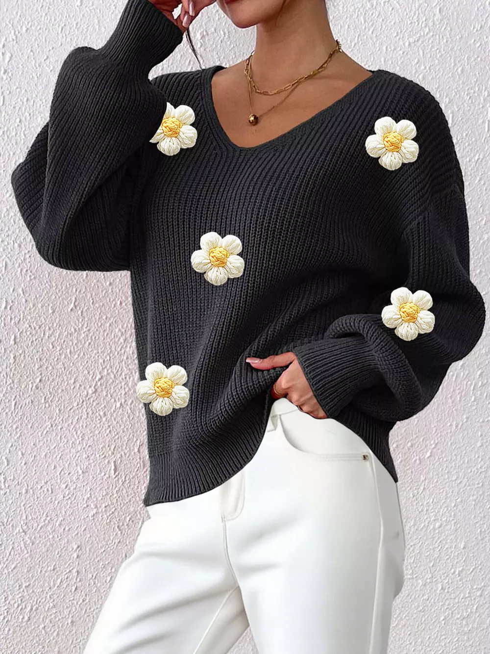 Floral Applique V-Neck Sweater, image 9