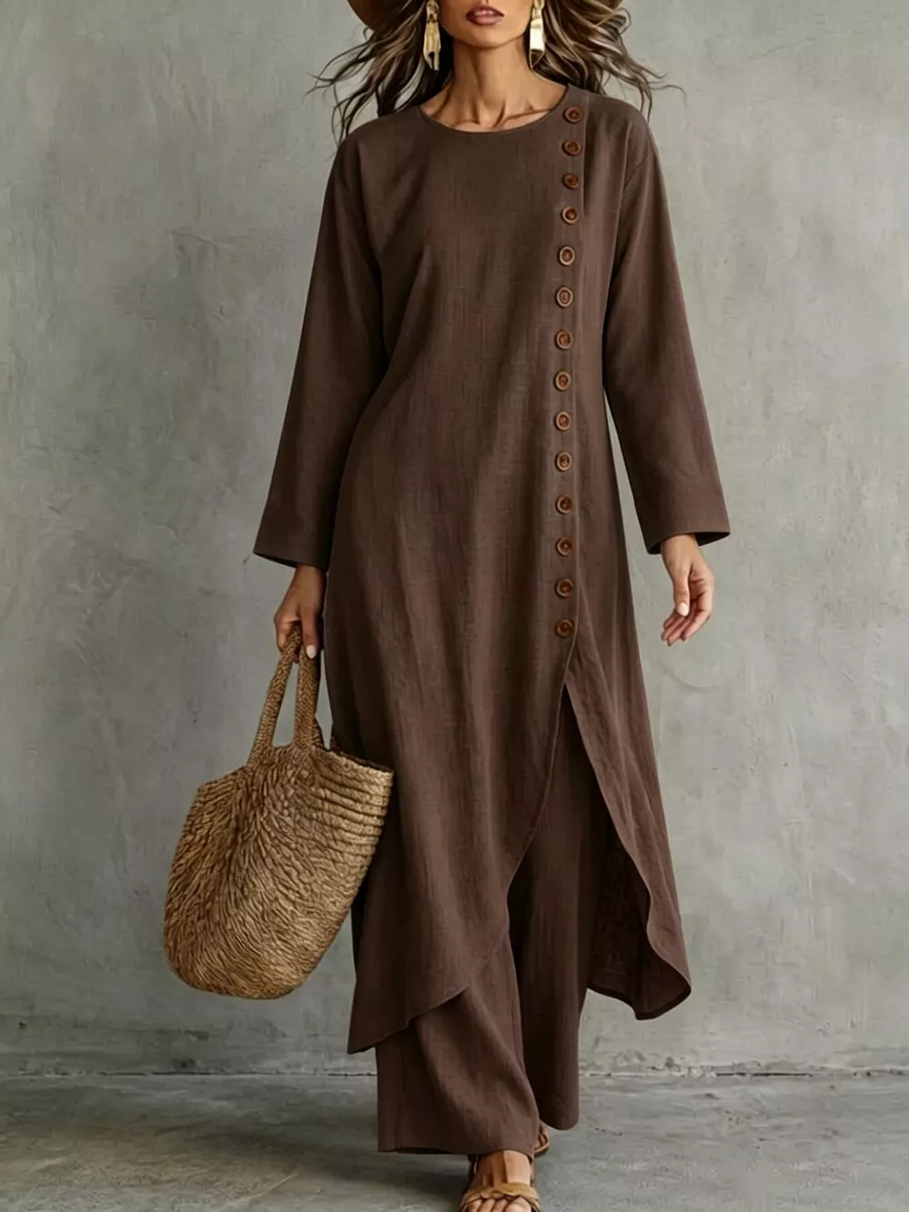 Full Size Side-Buttoned Longline Top and Pants Set Plus Size, image 8