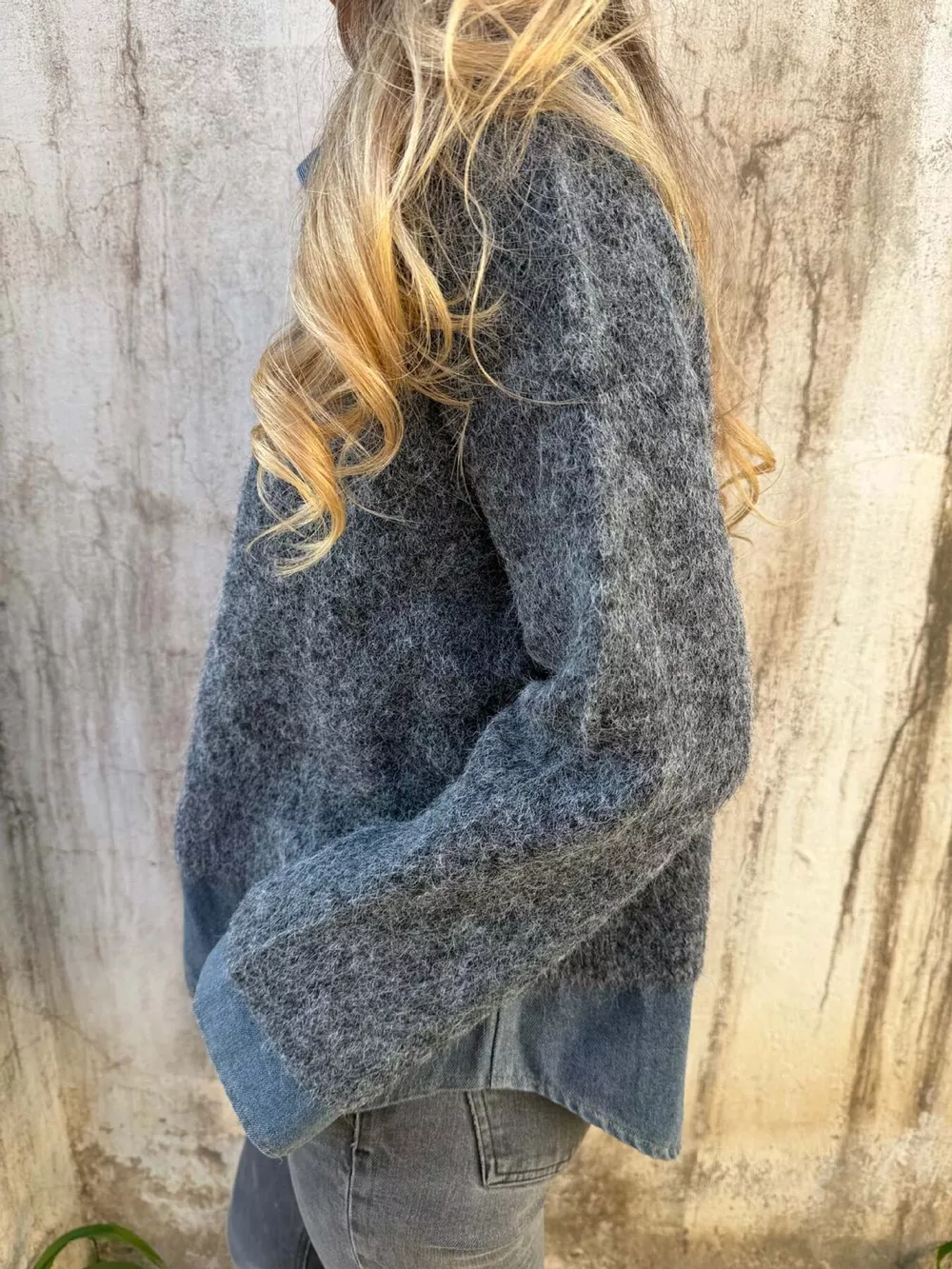 Contrast Denim Collar Half-Zip Knit Sweater, image 8