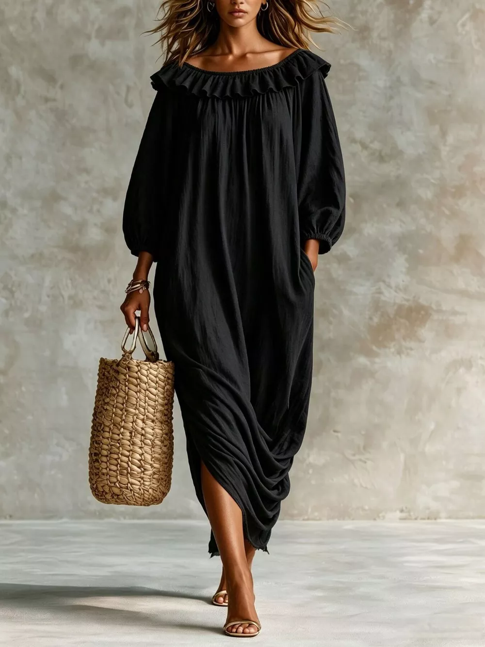 Ruffled Boat Neck Ruched Midi Dress, image 10