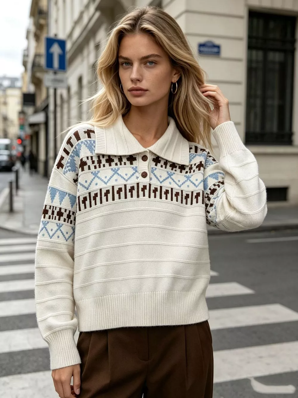 Vintage-Inspired Fair Isle Patterned Polo Sweater, image 2