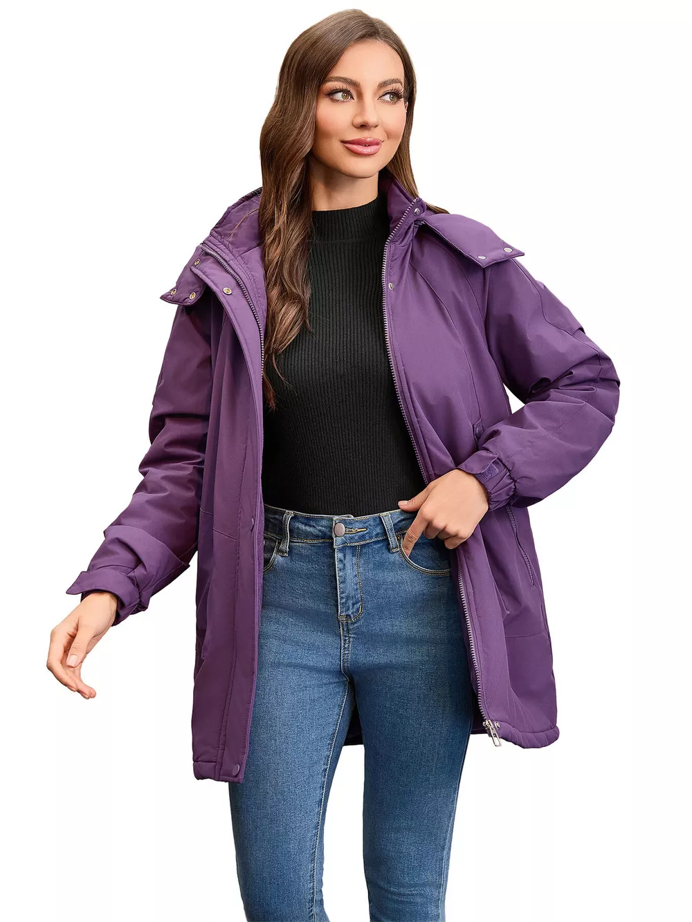Full Size Hooded Mid-Length Windproof Outerwear Plus Size, image 2