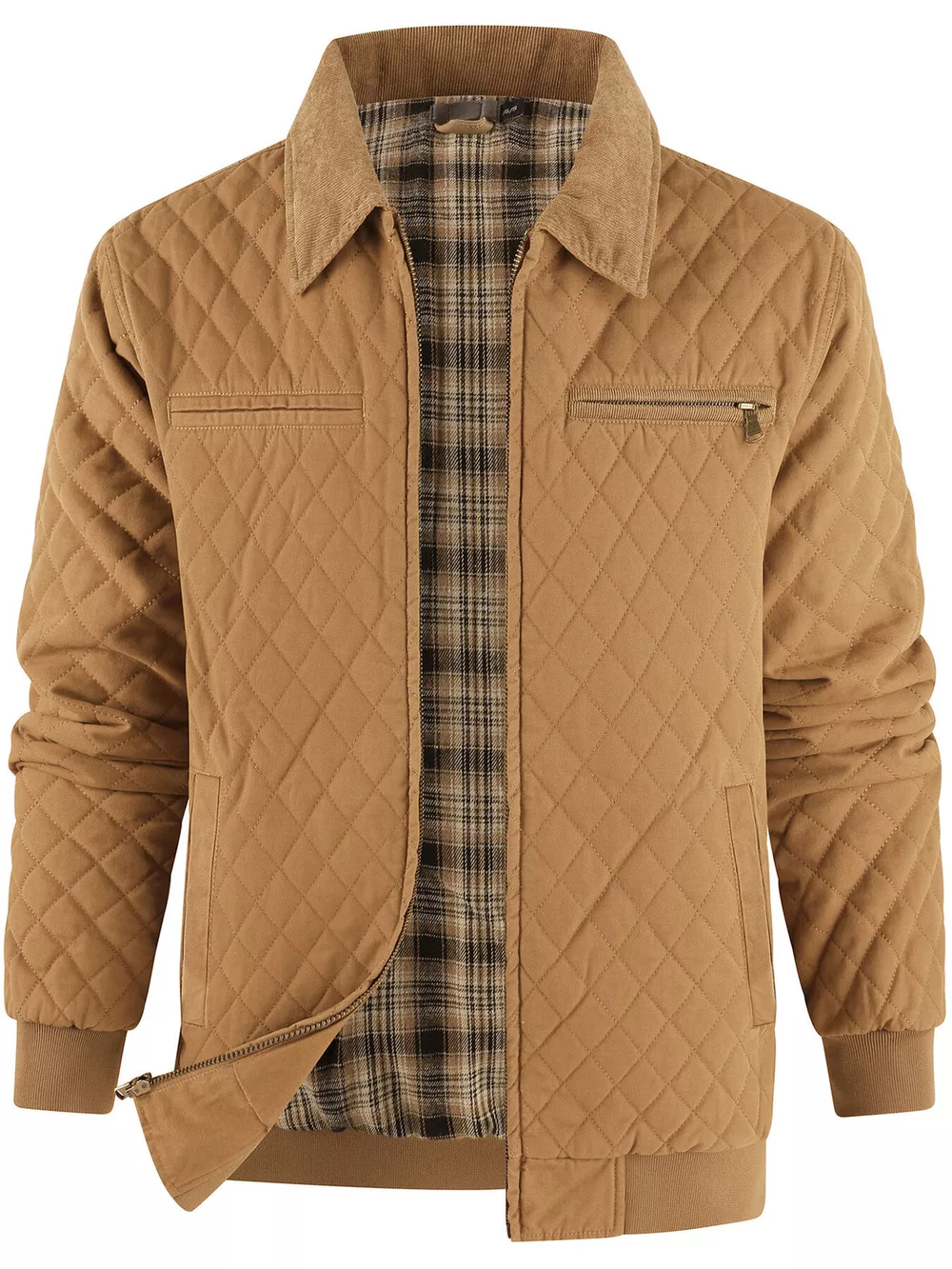 Men's Quilted Collared Neck Jacket with Plaid Lining, image 9
