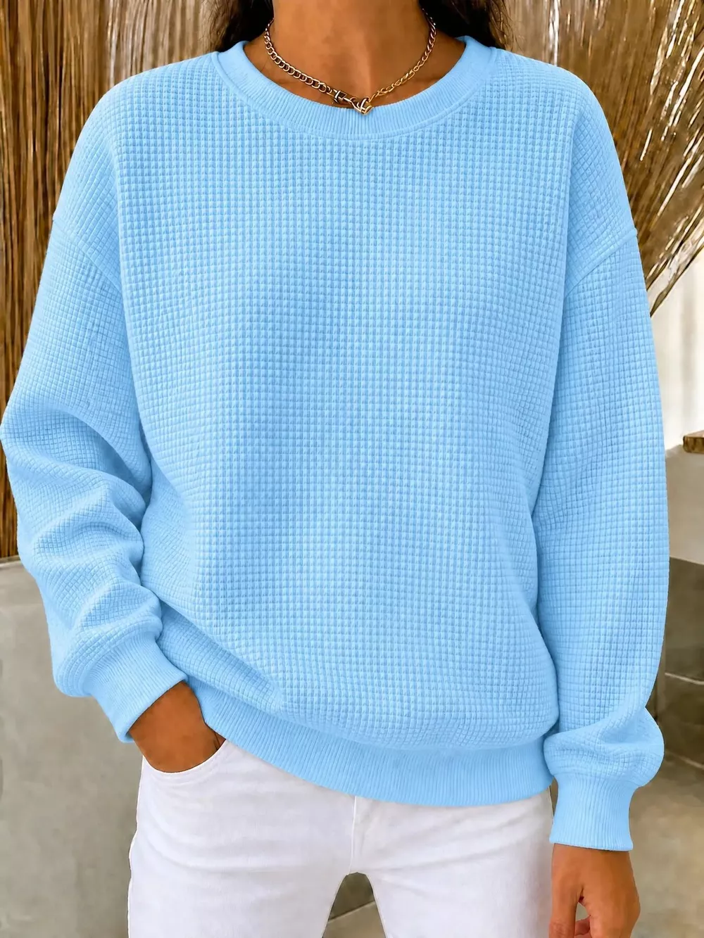 Full Size Waffle Knit Crewneck Sweatshirt Plus Size, image 3