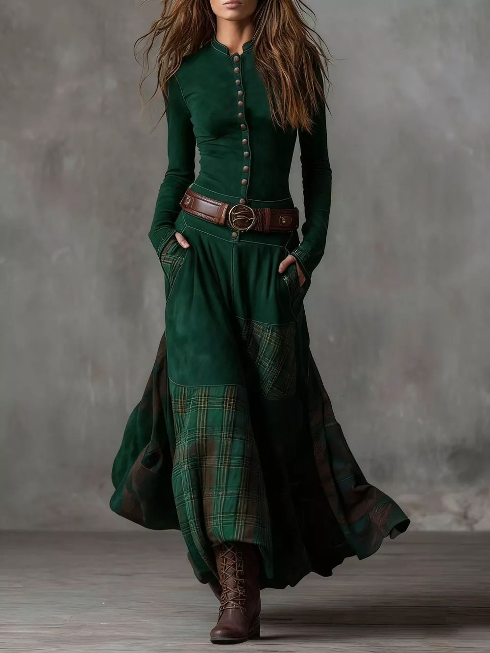 Full Size Plaid Button Front Long Sleeve Dress Plus Size, image 8