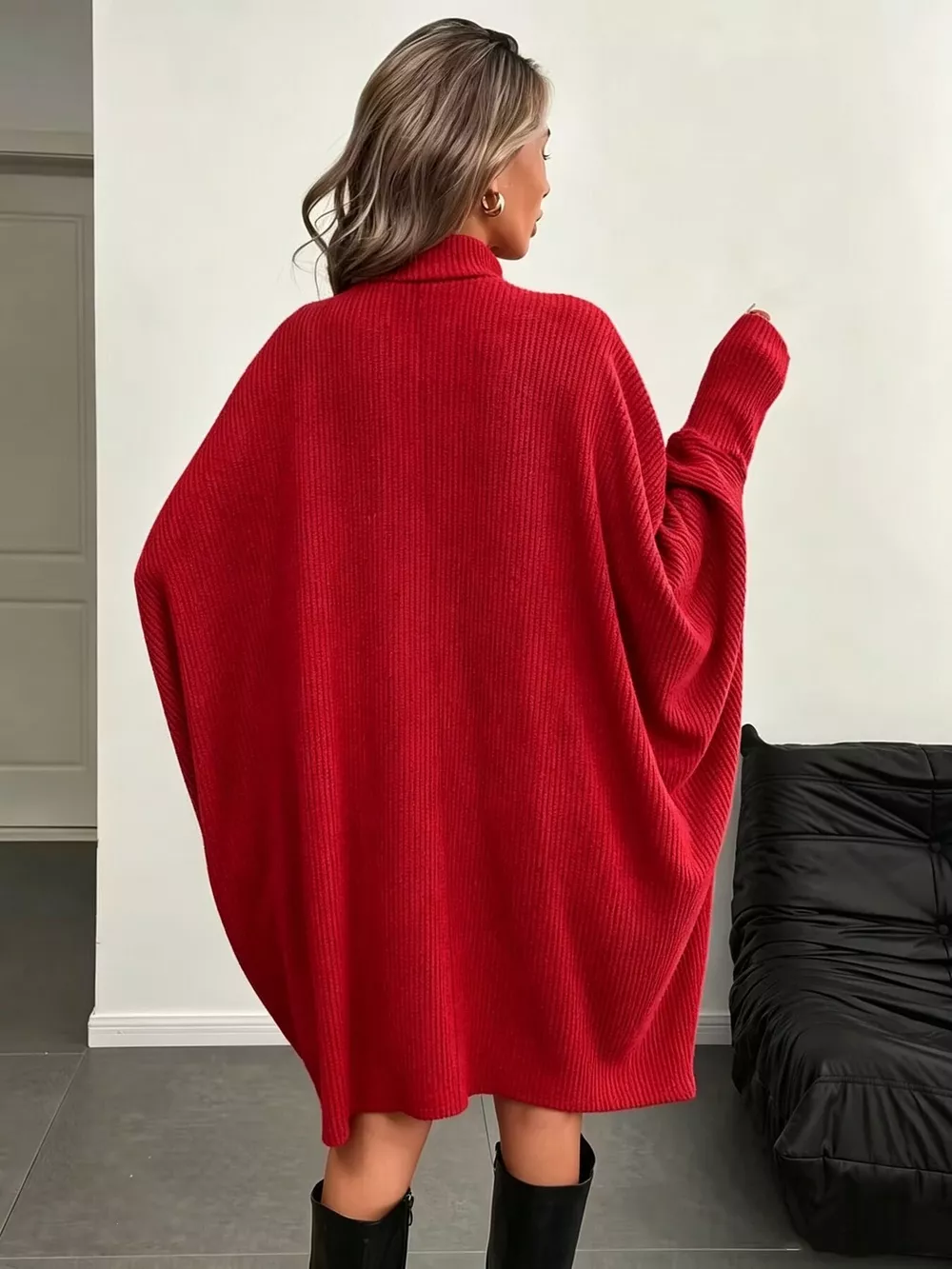 Oversized Batwing Sleeve Ribbed Knit Turtleneck Dress, image 12