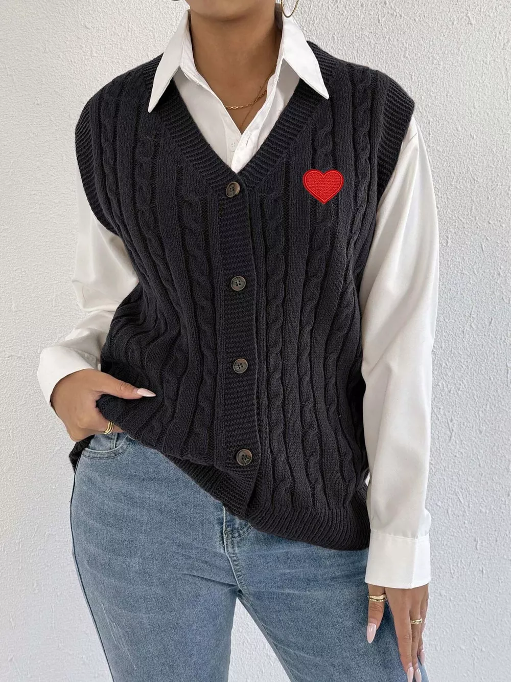 V-Neck Cable Knit Button-Down Sweater Vest with Heart Embroidery, image 2