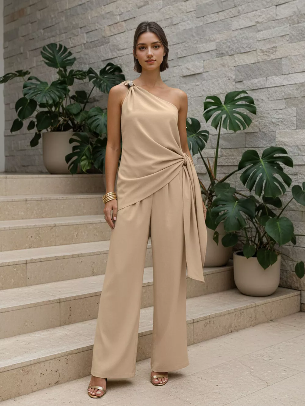 One-Shoulder Tie-Waist Top and Wide-Leg Pants Set