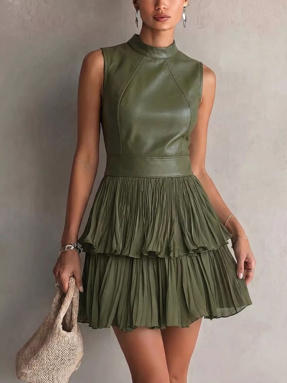 Sleeveless Faux Leather Layered Pleated Mini Dress