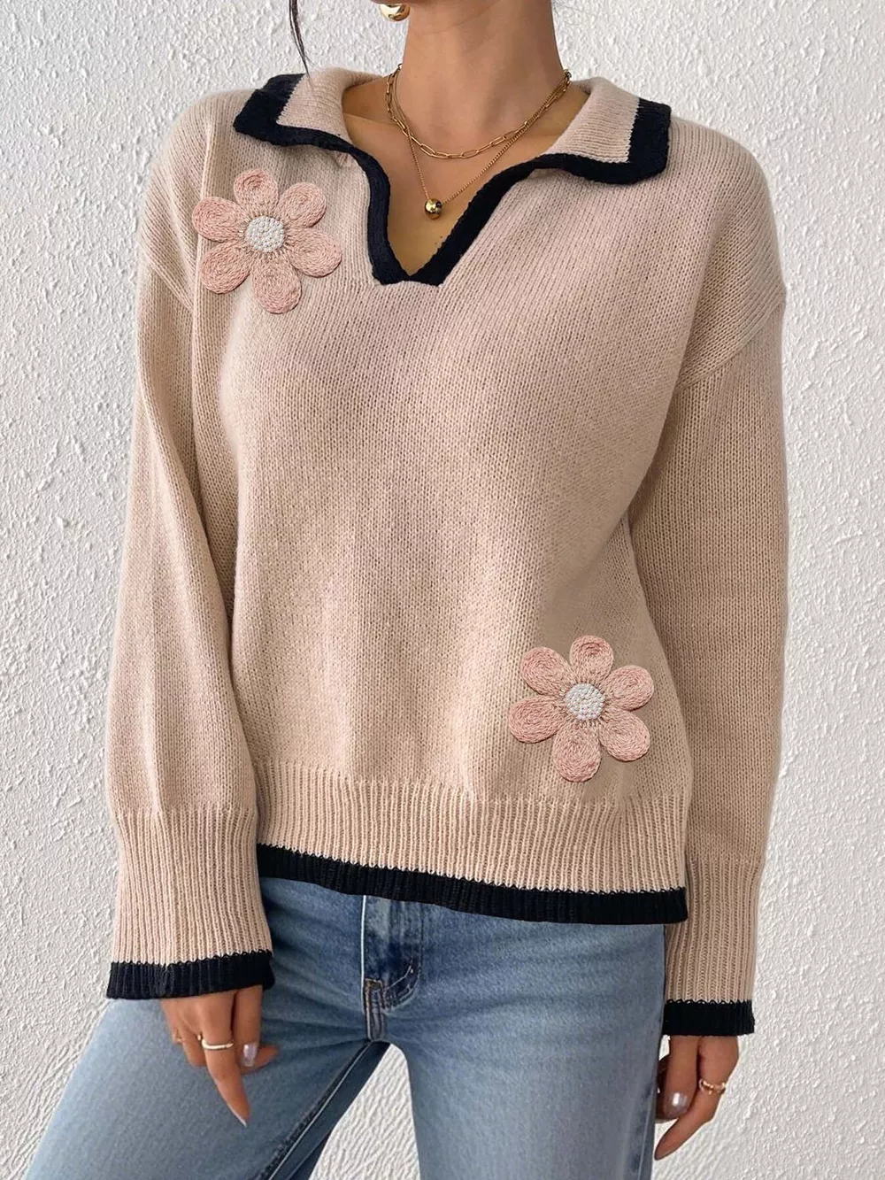 Flower Contrast Trim Dropped Shoulder Sweater, image 8
