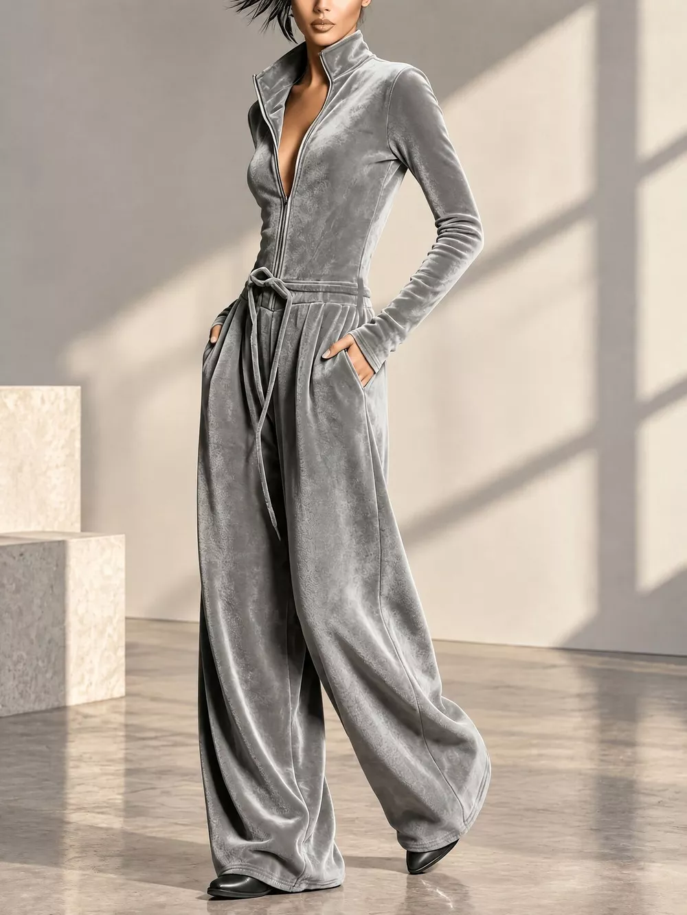 Velour Zip-Front Long Sleeve Wide-Leg Jumpsuit, image 2