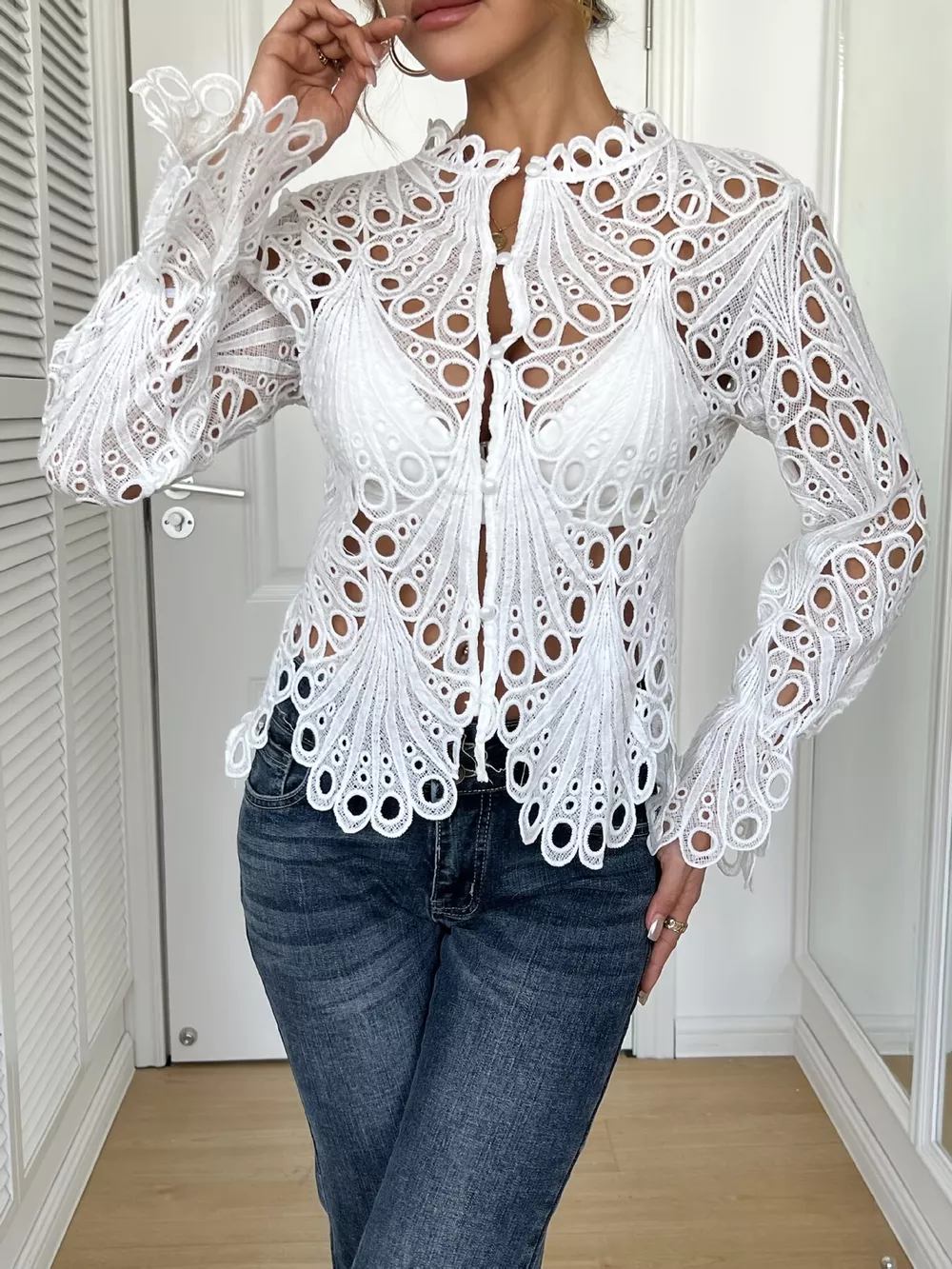 Lace Button Up Long Sleeve Shirt, image 4