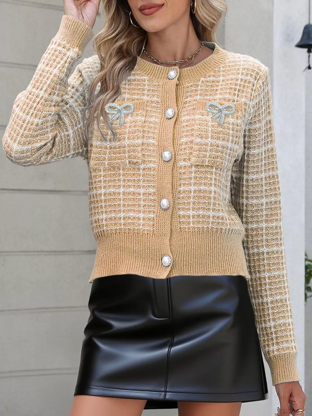 Tweed-Style Bow Button-Down Cardigan, image 11