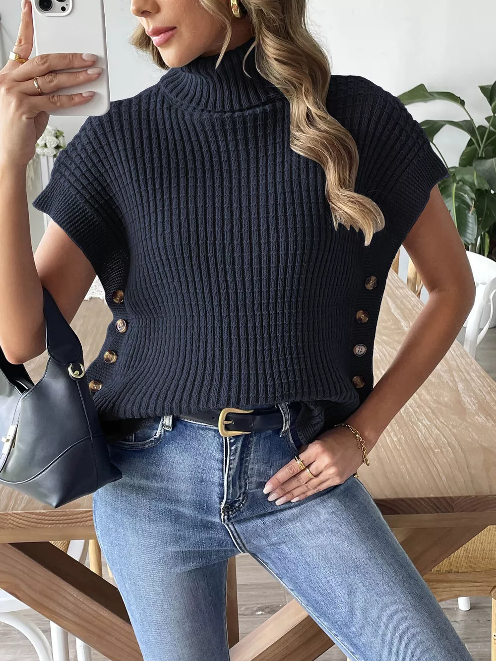 Ribbed Turtleneck Sweater with Side Button Detail, image 12