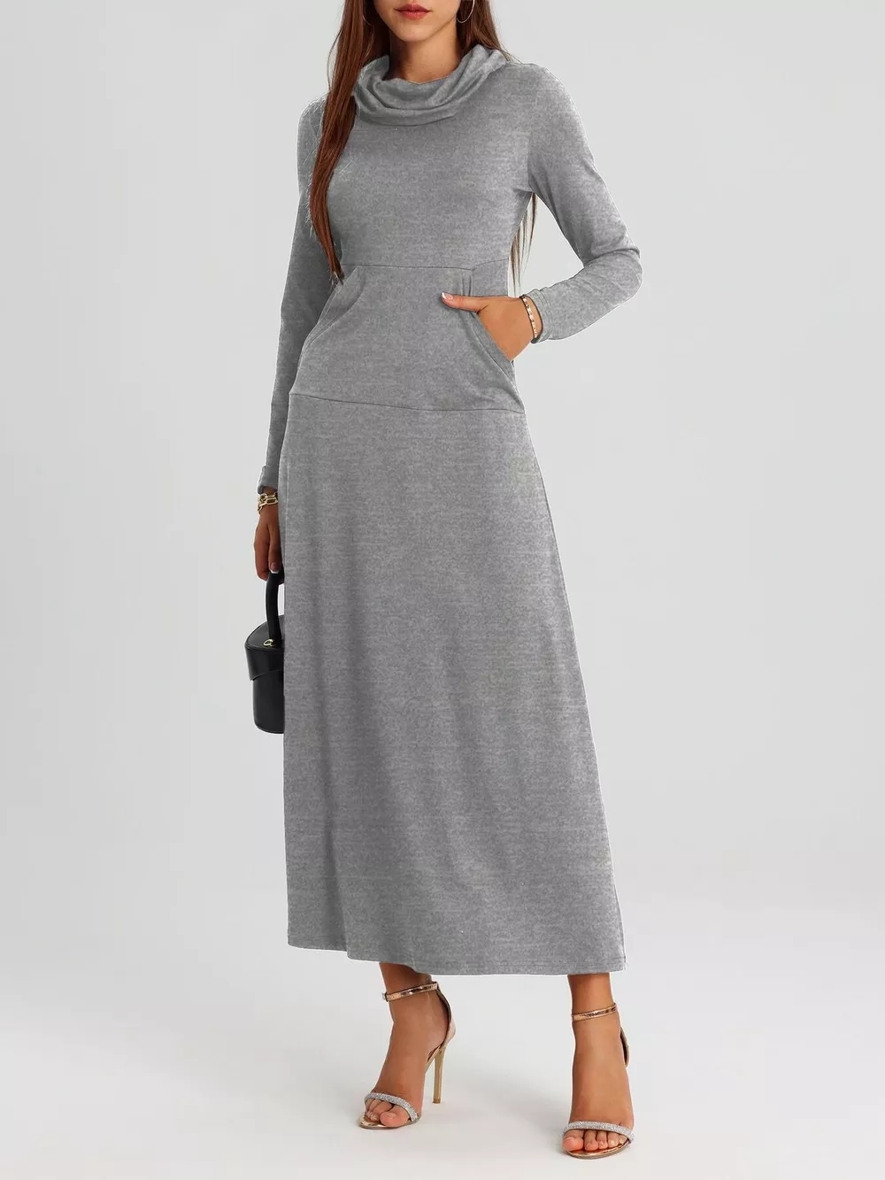 Cowl Neck Long Sleeve Midi Dress, image 2