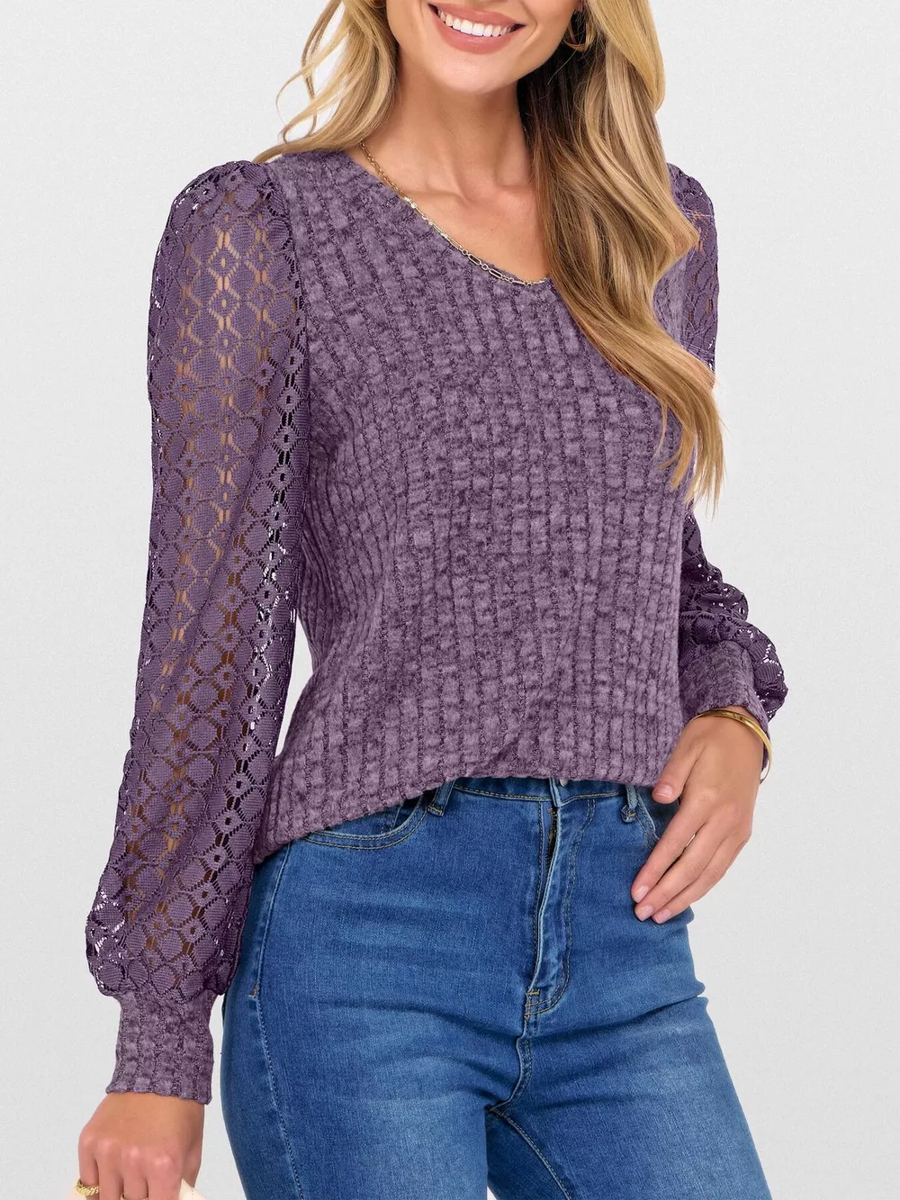 Lace Sleeve V-Neck T-Shirt, image 3