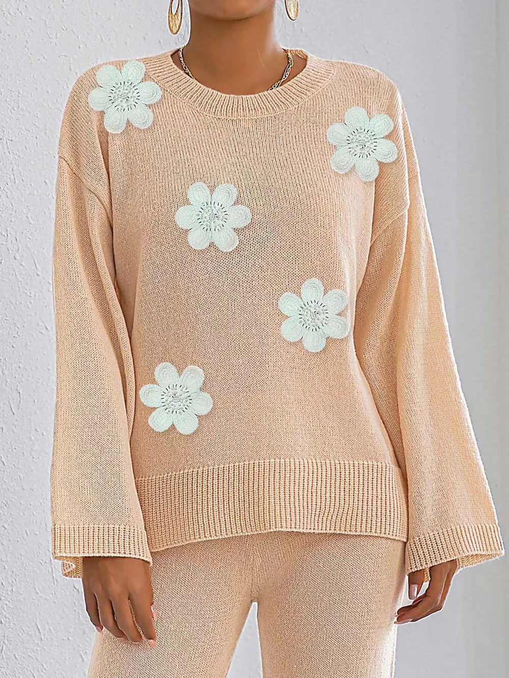 Floral Applique Crew Neck Sweater, image 7