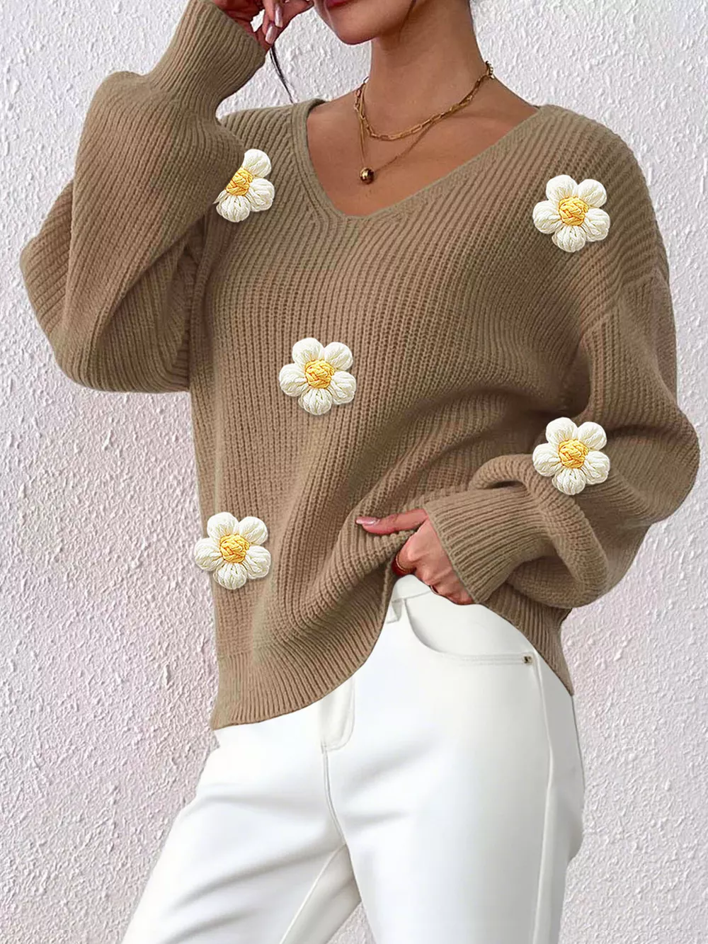 Floral Applique V-Neck Sweater, image 15