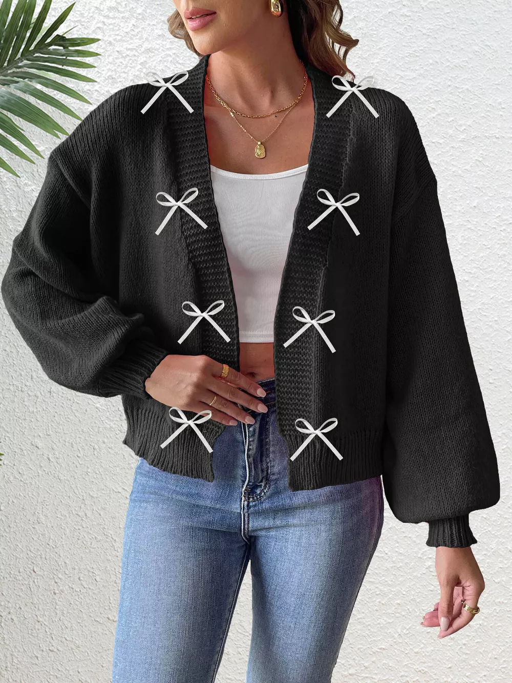 Bow-Tie Open Front Knit Cardigan, image 7